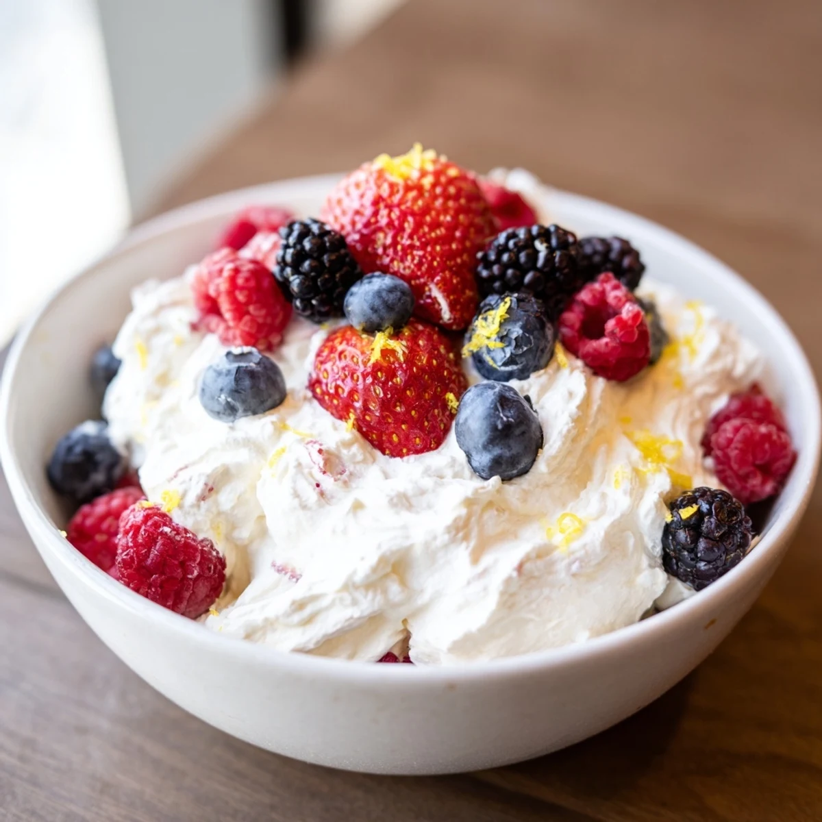 Fluffy Cream Cheese Fruit Dip artfully arranged with vibrant, juicy berries for dipping pleasure.