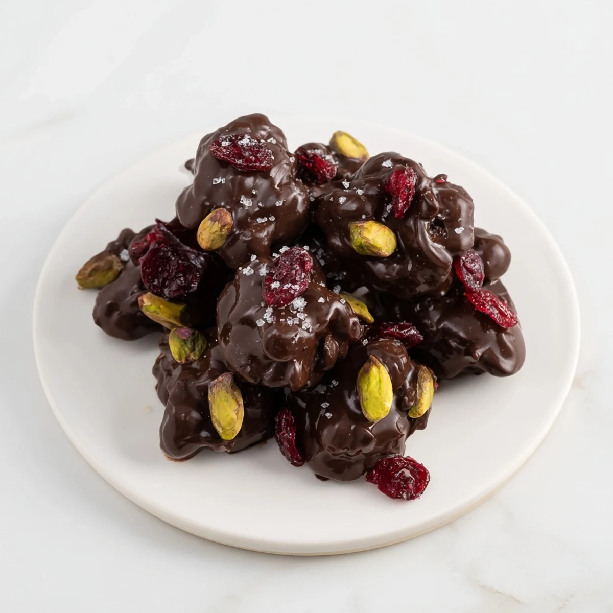 Gourmet Pistachio and Dried Cranberry Clusters, perfect for a holiday treat, are ready to enjoy.
