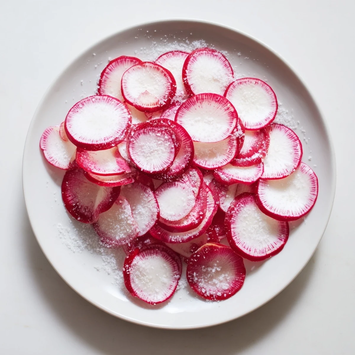 Thinly sliced radish pieces with sea salt, a vibrant, refreshing snack for quick appetizer enjoyment.