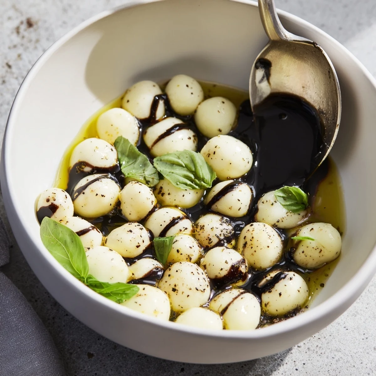 Vibrant mozzarella pearls, lightly seasoned with olive oil and spices, a quick Italian appetizer.
