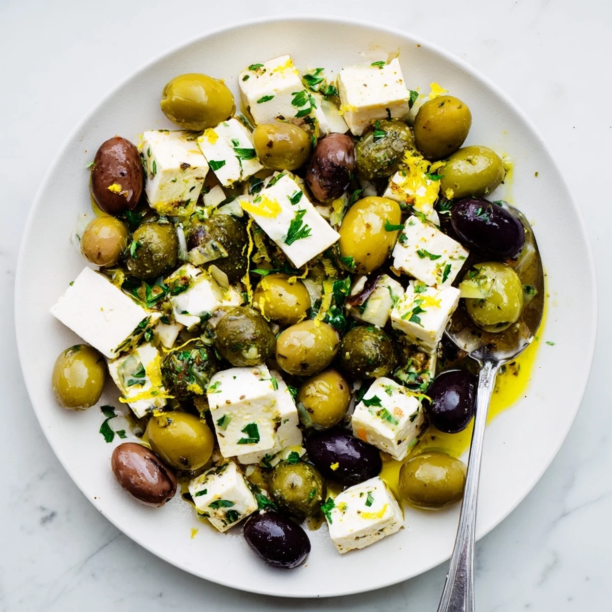 This Holiday Mix: Mixed Olives with Feta Cubes recipe shows olives glistening with an herby marinade.