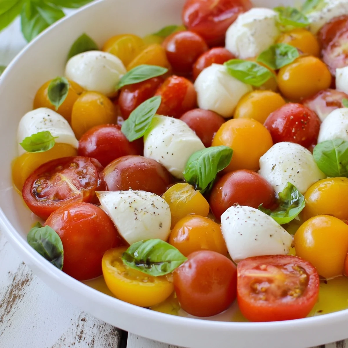 Fresh and vibrant appetizer wreath with cherry tomatoes, basil, and creamy mozzarella, perfect for sharing.