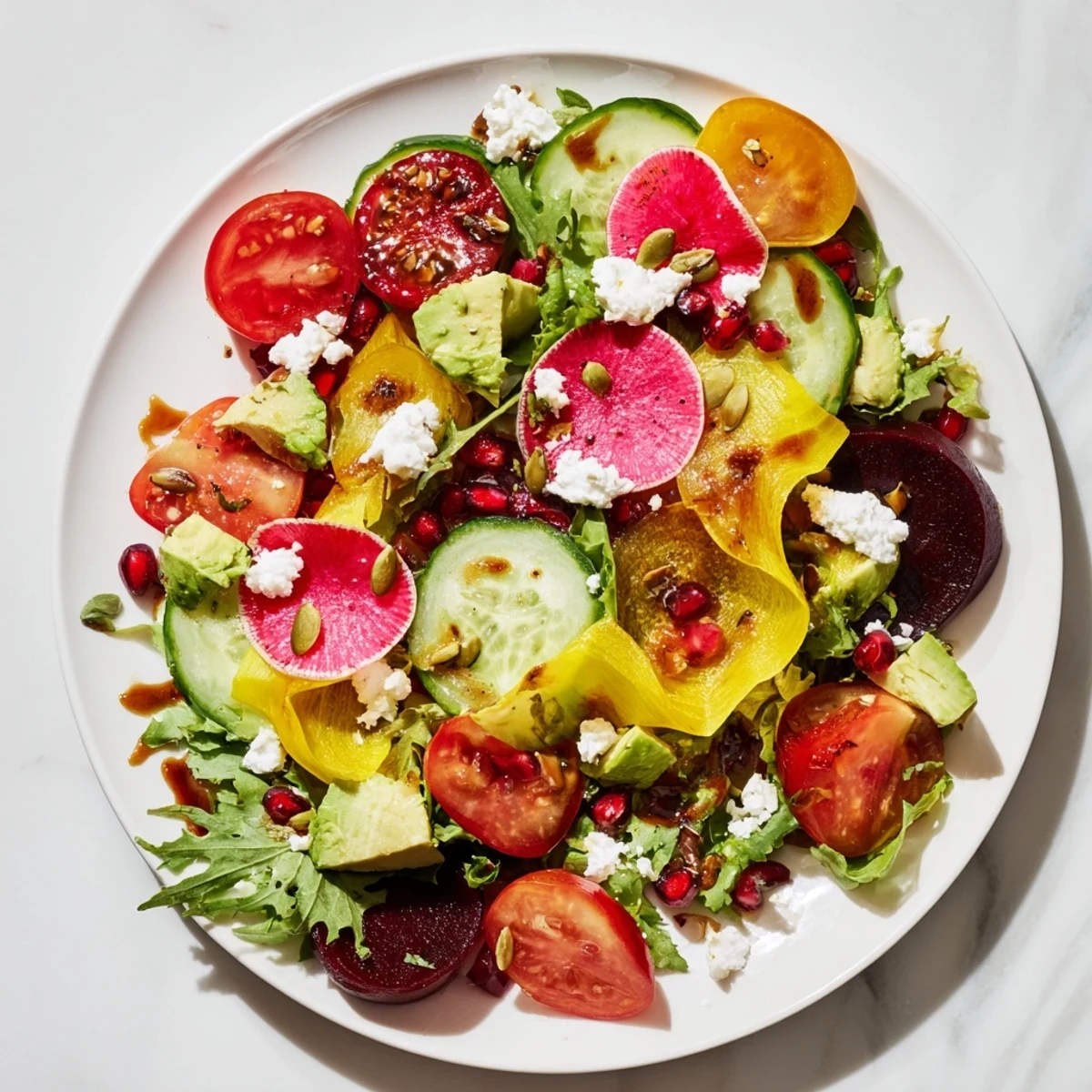 Abstract Expressionist splash salad: bright red tomatoes, beets and greens, a beautiful, vibrant salad.
