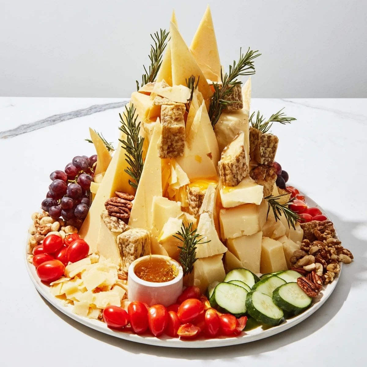 Imagine a delicious Sculptural Cheese Landscape: aged cheddar and grapes create a beautiful appetizer for sharing.