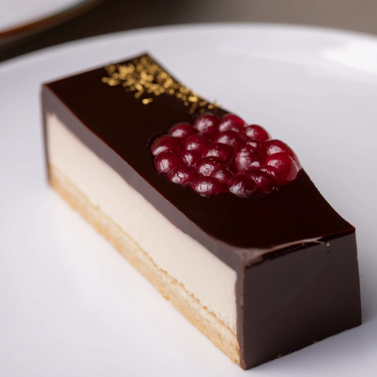 Rich, layered The Golden Ratio Shell dessert features an elegantly swirled raspberry jelly spiral on top.