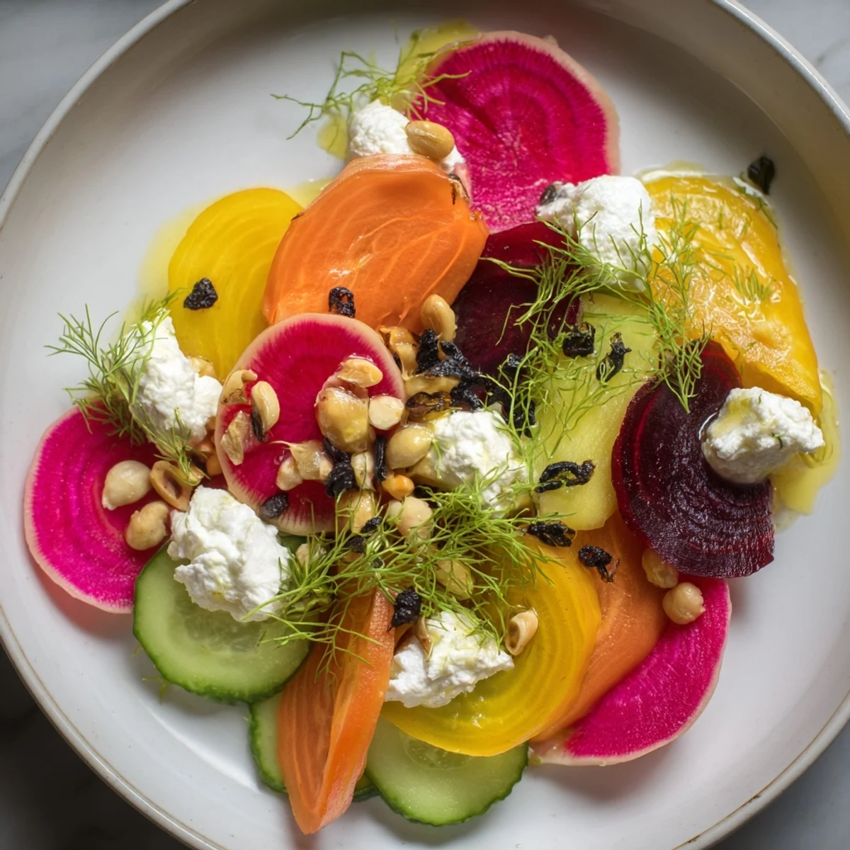 Enjoy the visually stunning Kinetic Motion Blur; a meticulously plated vegetarian appetizer with fresh herbs.