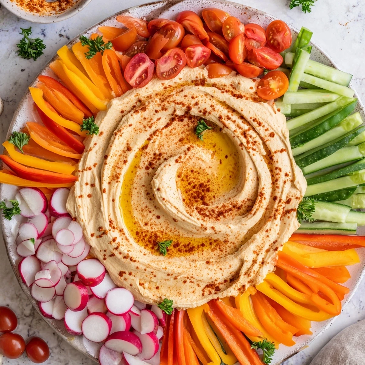 Beautiful The River Delta Flow, showcasing a vibrant vegetarian spread with crisp vegetables and dips.
