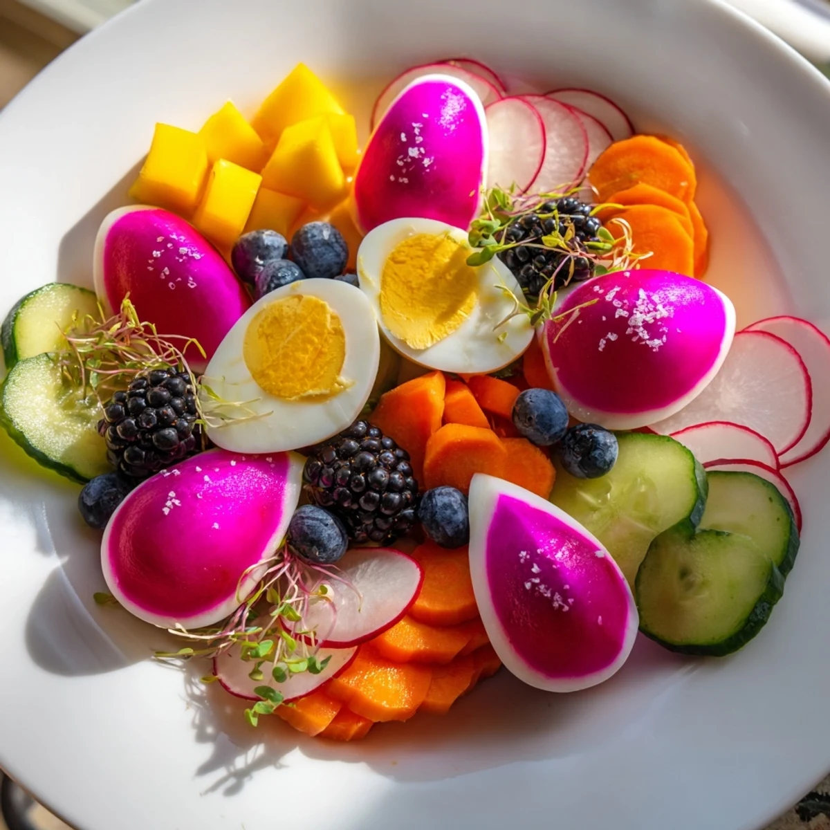 Sliced The Neon Night ingredients: a stunning arrangement of pickled vegetables, jewel-toned eggs, and fresh fruits.