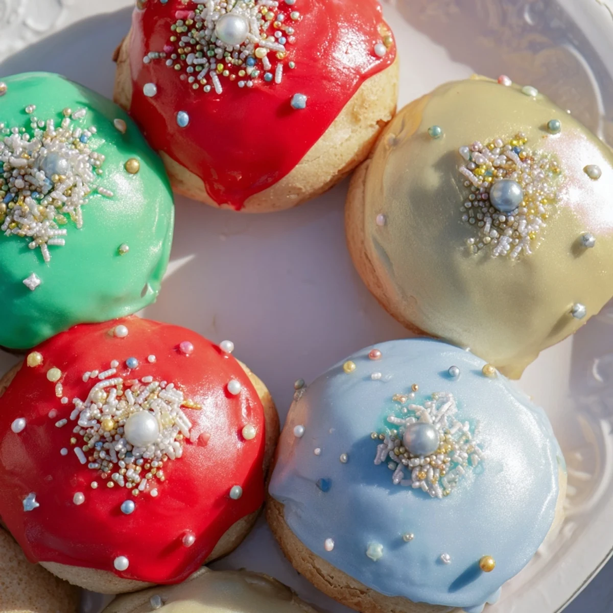 The fluffy, round Christmas Ornament Beignets are beautifully decorated with sprinkles and edible pearls.
