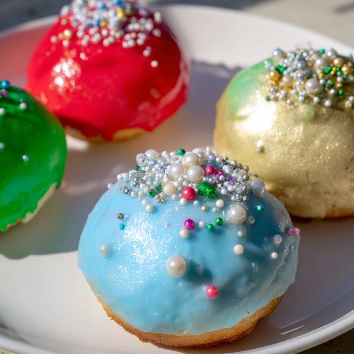 Christmas Ornament Beignets, golden-fried and coated with colorful icing, ready for a holiday dessert spread.