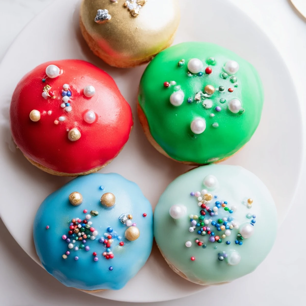 Freshly fried Christmas Ornament Beignets, a French dessert, are shown piled, sprinkled, and colorful for the holidays.