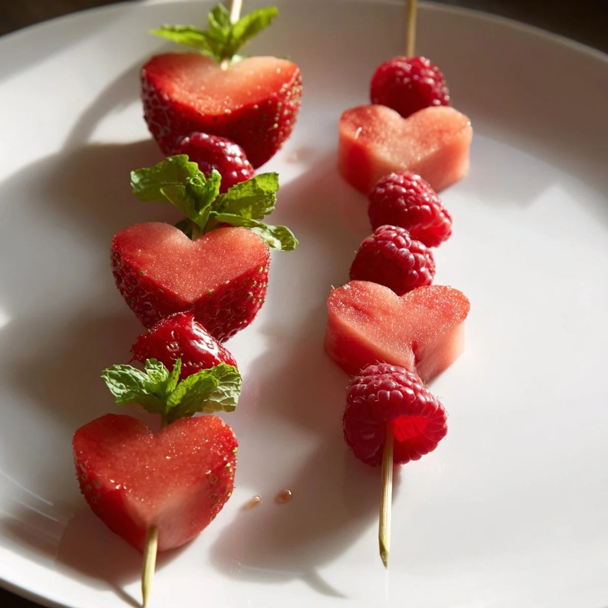 Vibrant red heart fruit skewers arranged beautifully, perfect for a romantic dessert.