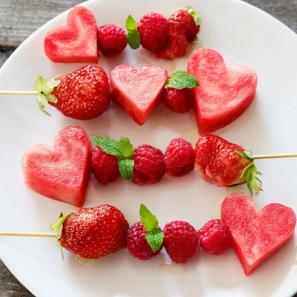 Sweet and juicy heart-shaped strawberries and watermelon making delightful red fruit skewers.