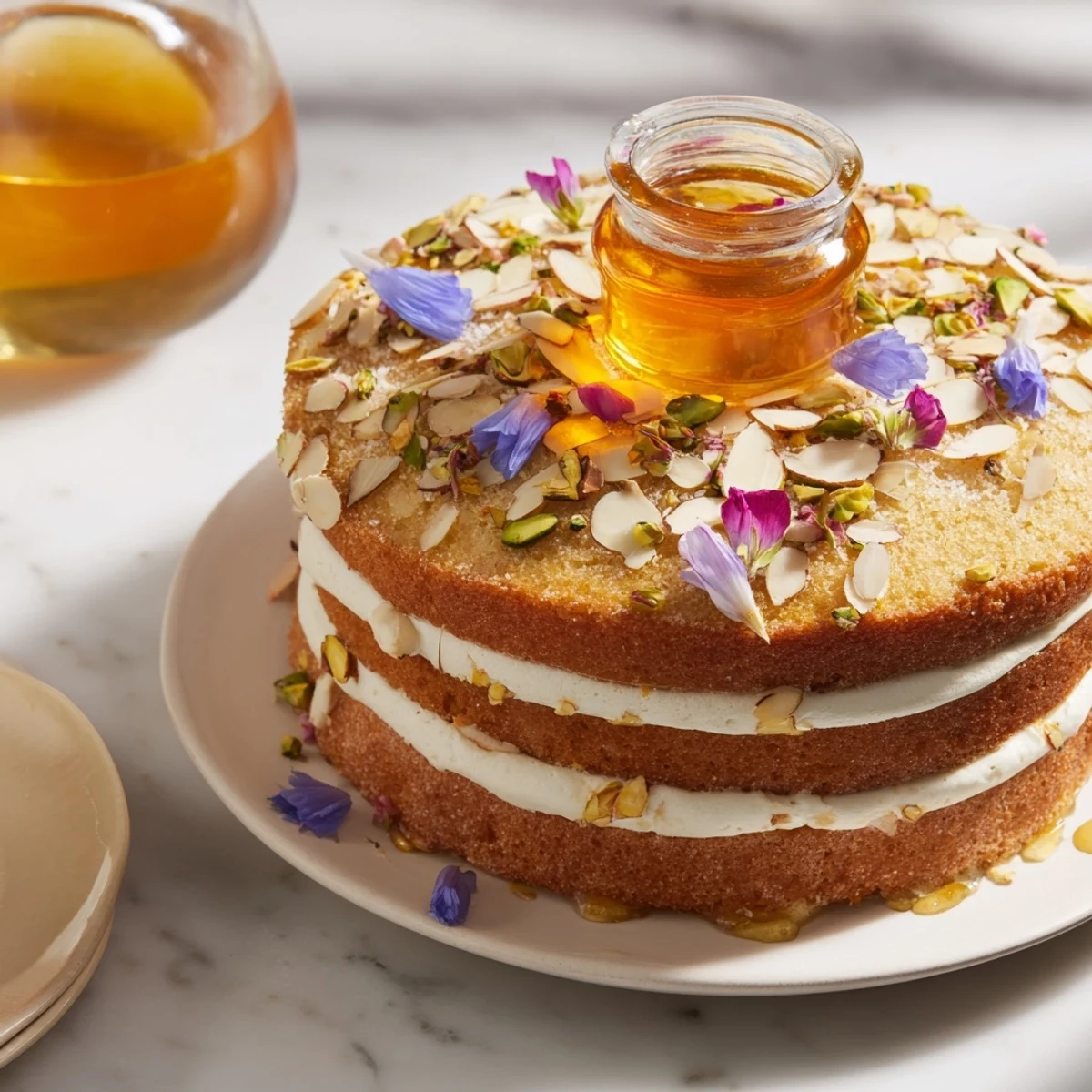 A beautiful Honey-Drip dessert: layers of golden cake surrounding a central pot of flowing honey.