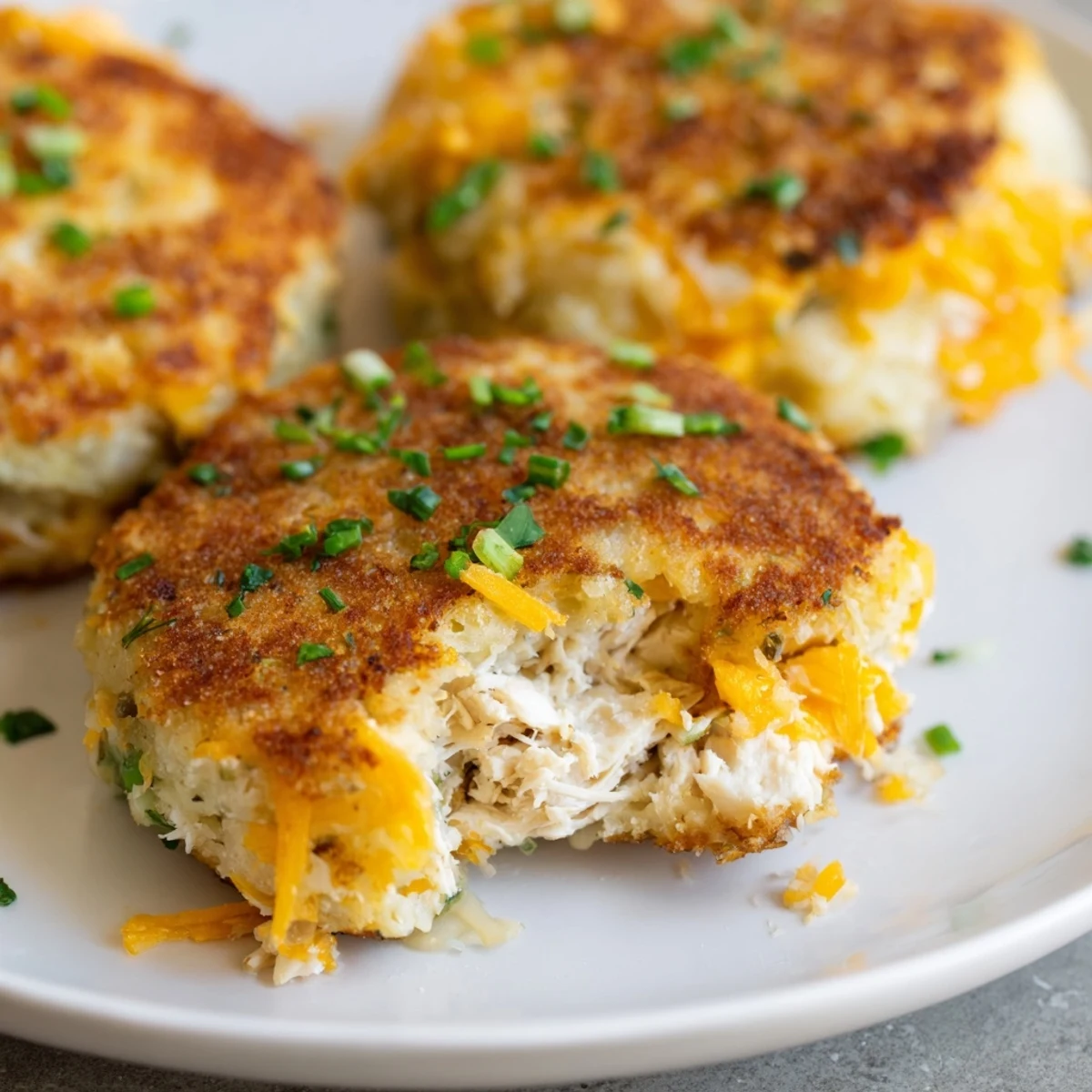 Golden-brown Potato and Chicken Cakes, a crispy delight, served hot with fresh parsley garnish.