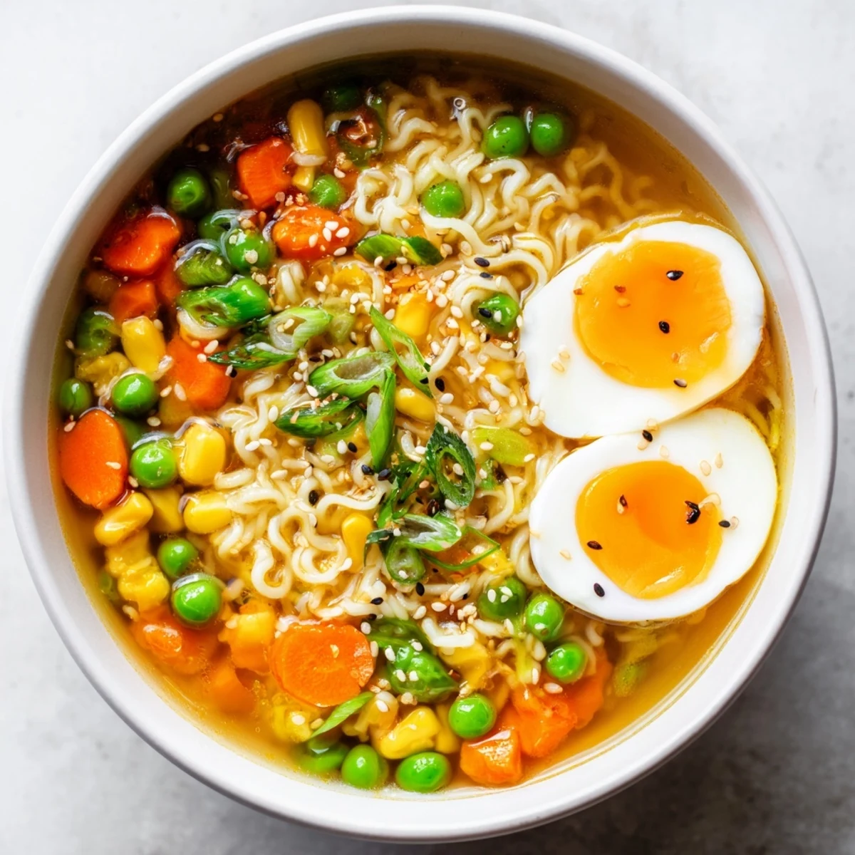 Steaming bowl of Ramen Upgrade with Frozen Peas, garnished with sliced green onions and soft-boiled eggs.
