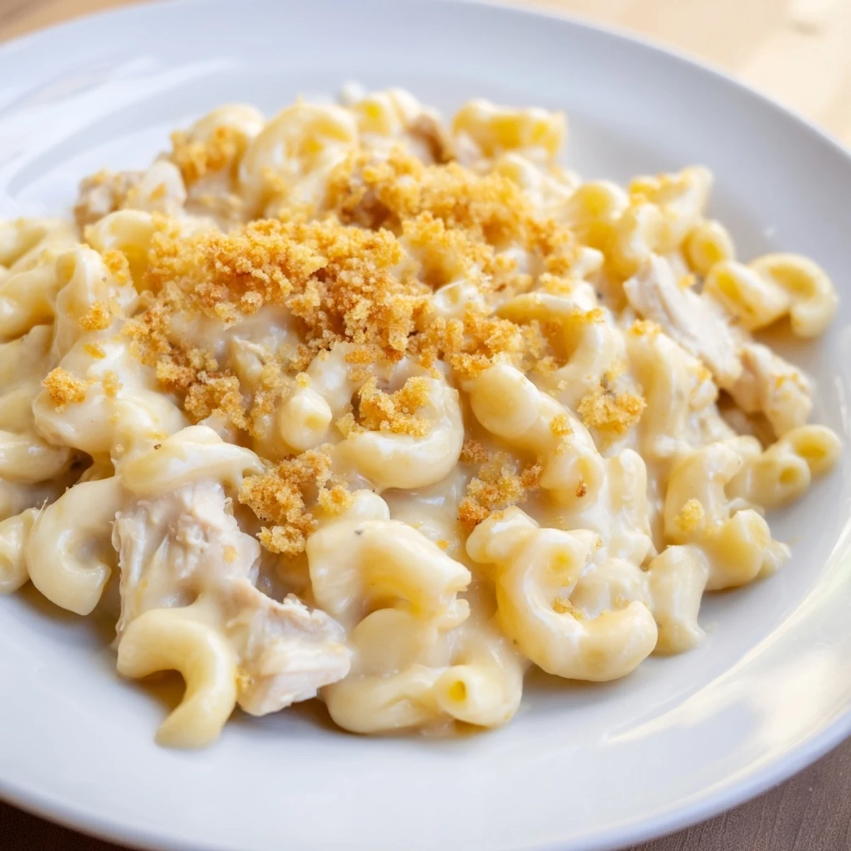 Close-up of a forkful of cheesy Struggle Meal Chicken Macaroni, showing tender pasta and flaked chicken perfectly blended.