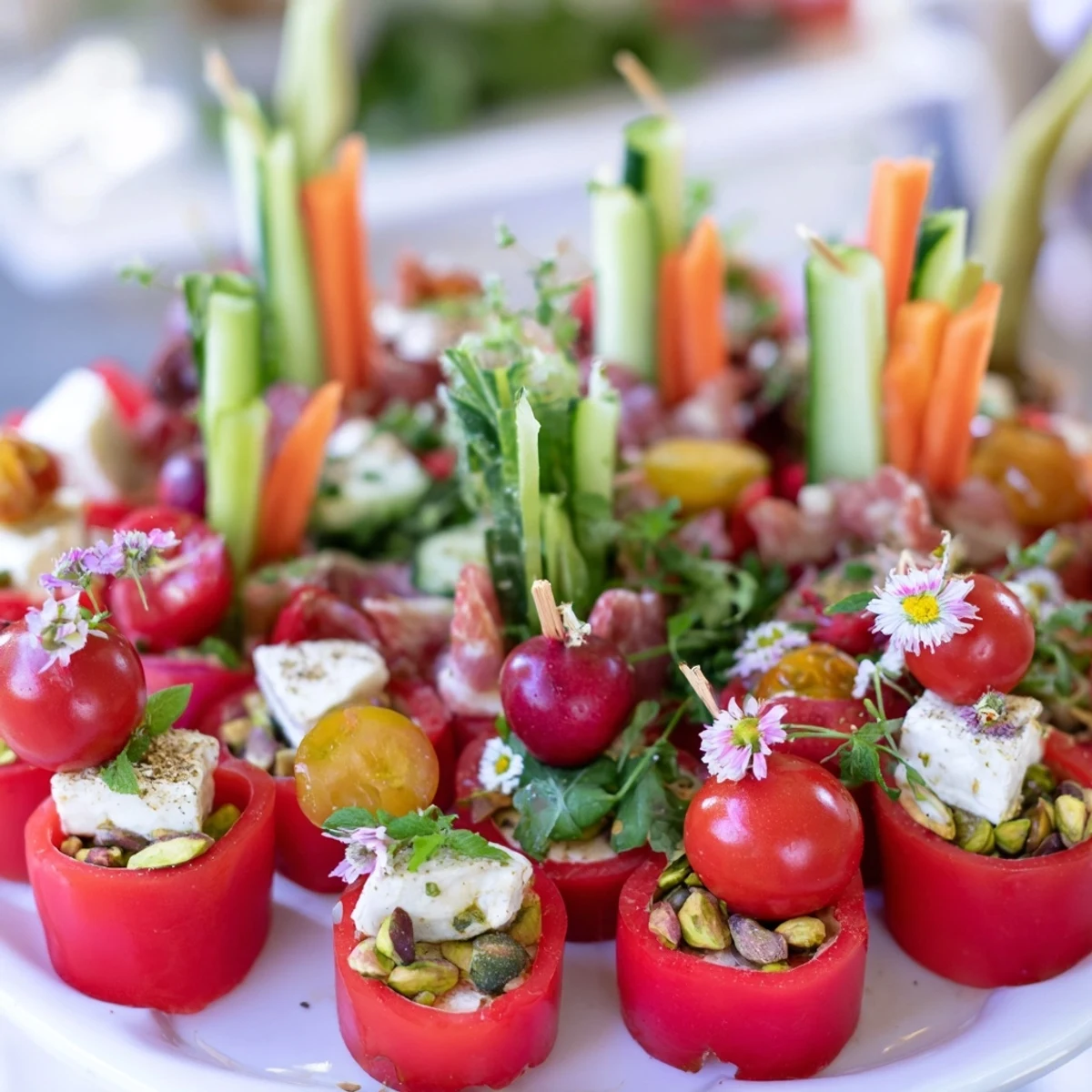 Vibrant Hanging Gardens appetizer with colorful fresh veggies, fruits, cheeses, and dips arranged artfully.