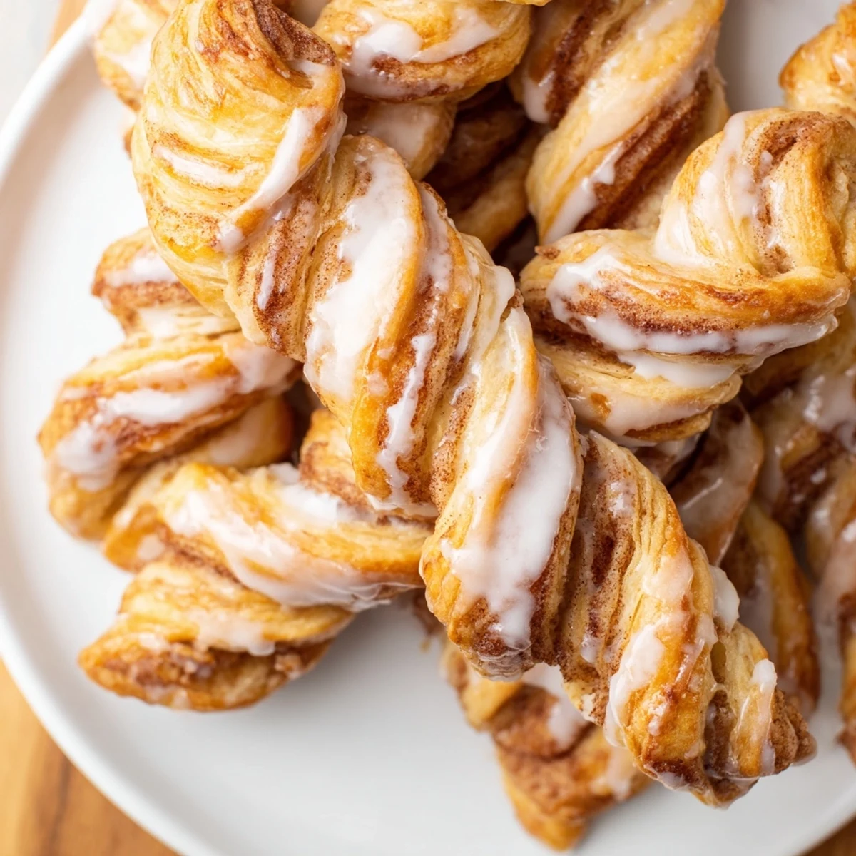 Warm air-fryer cinnamon roll twists, glazed and ready to eat: a quick and delicious breakfast.