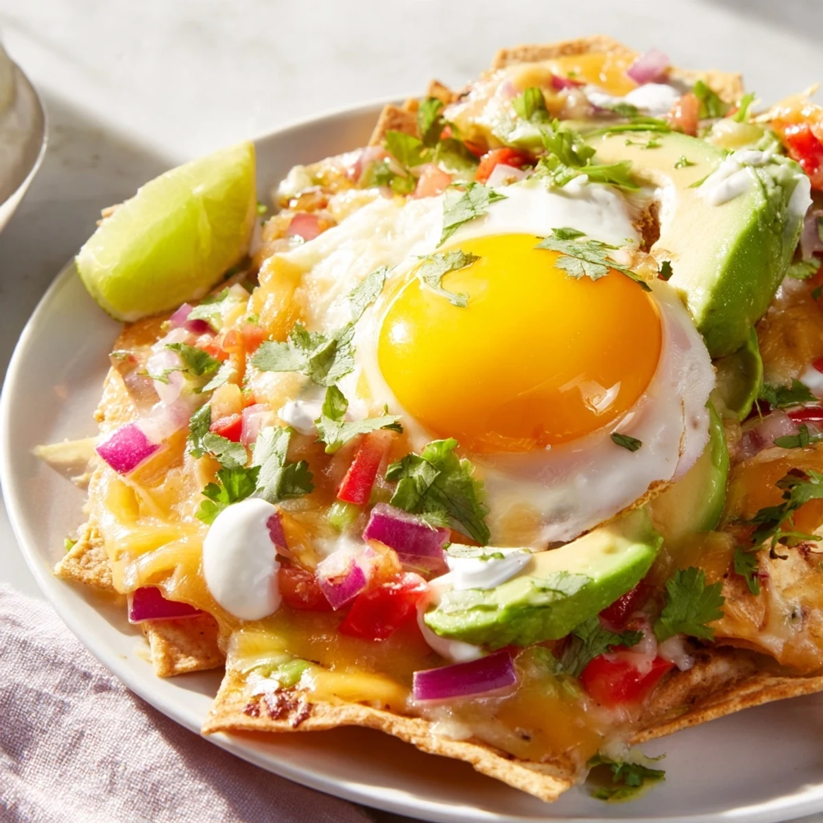 Golden-brown Egg-Topped Breakfast Nachos with sunny-side-up eggs, ideal for a hearty Tex-Mex breakfast.