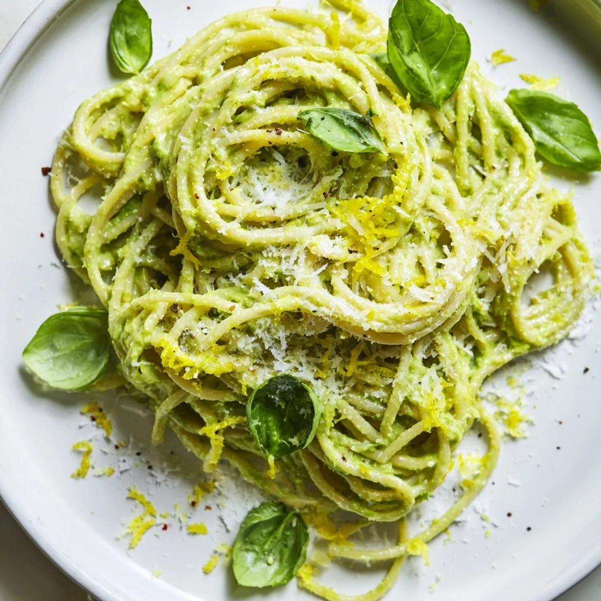 Vibrant plate of creamy avocado pasta, garnished with fresh basil and Parmesan cheese.