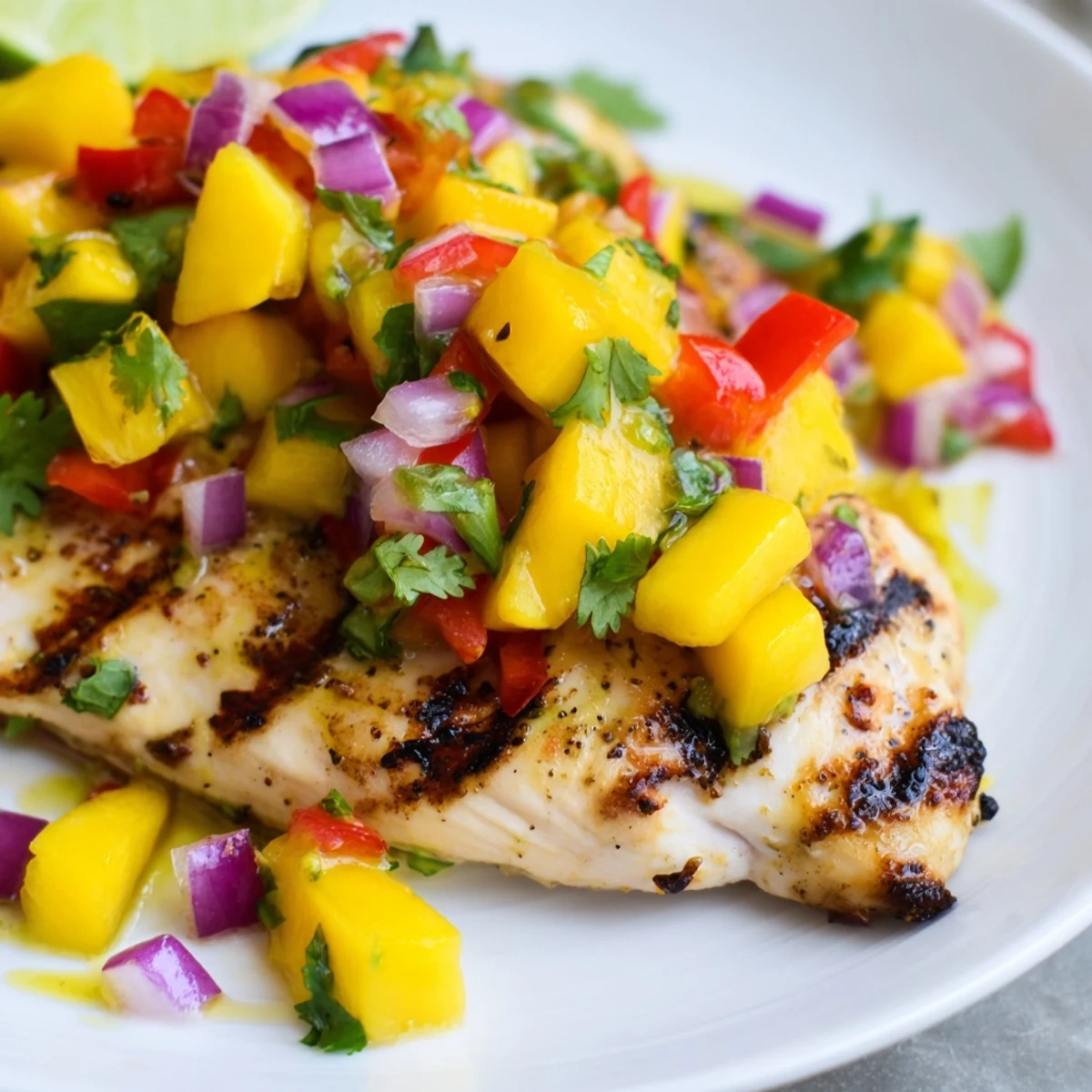 Freshly grilled Mango Salsa Chicken, bursting with tropical flavors, perfect for a summer dinner.