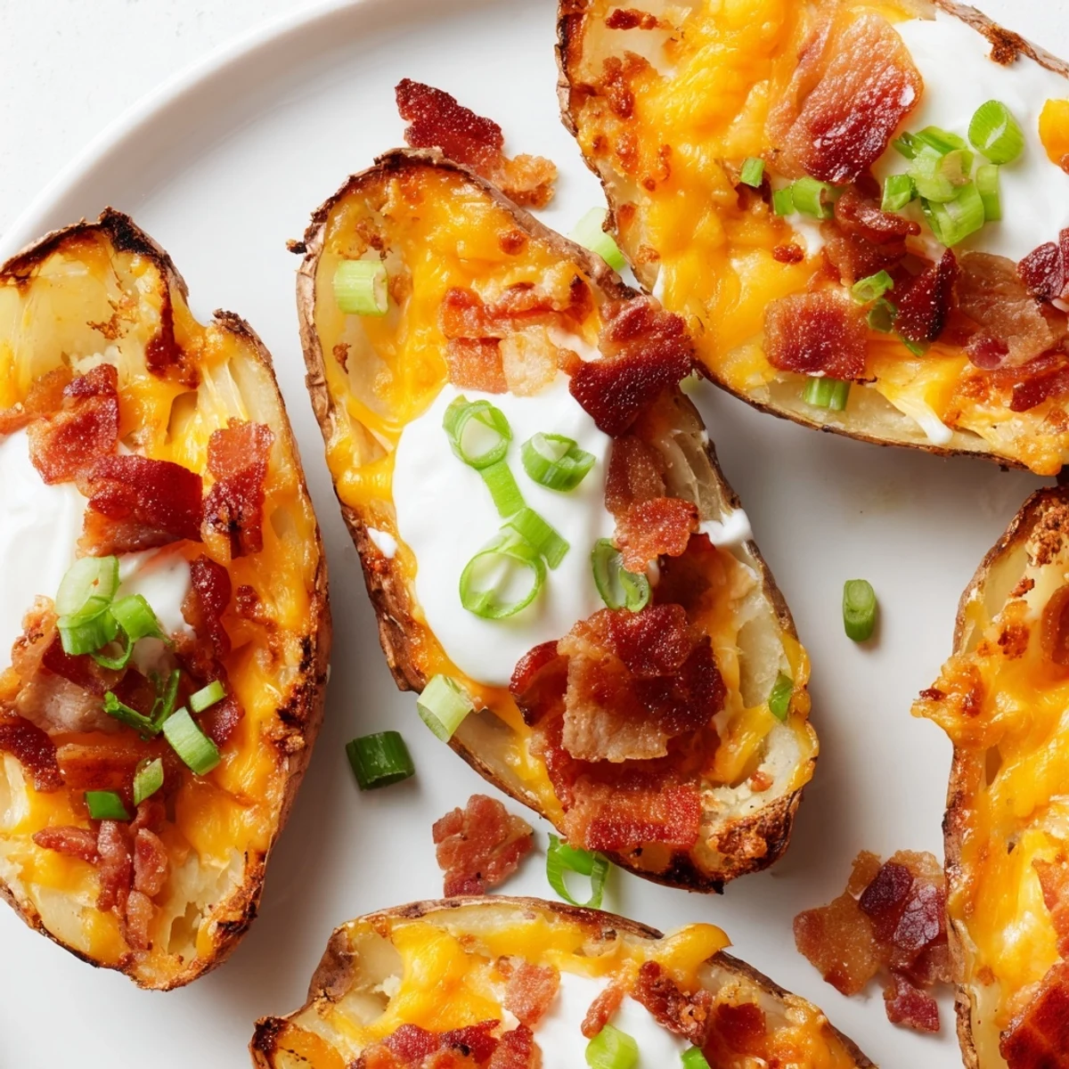 Perfectly cooked Loaded Baked Potato Skins ready to eat, topped with cool sour cream and fresh green onions.