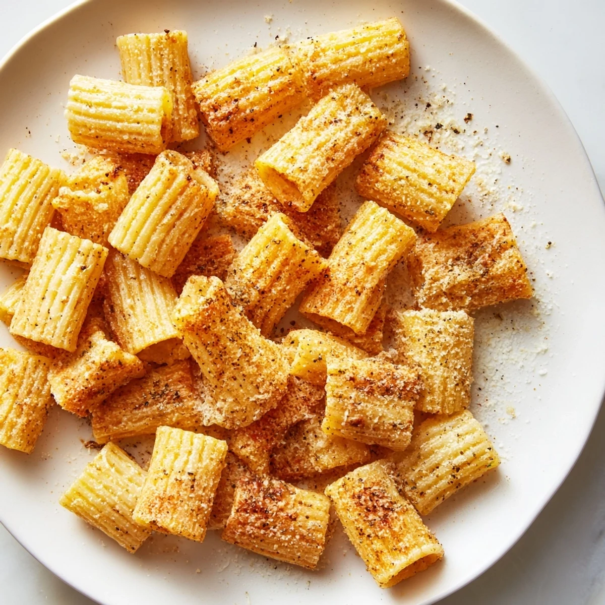 Air-fried pasta chips, a crunchy snack seasoned with Italian herbs and garlic powder, ready to eat.