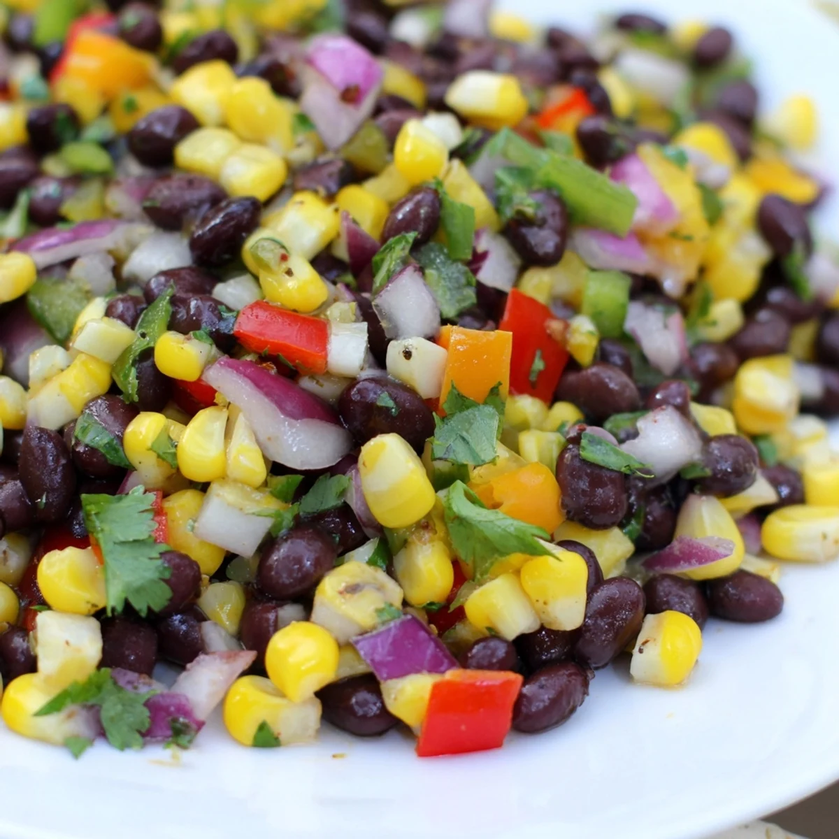 A close-up of a refreshing Cowboy Caviar Salad bowl, featuring colorful vegetables and black beans.