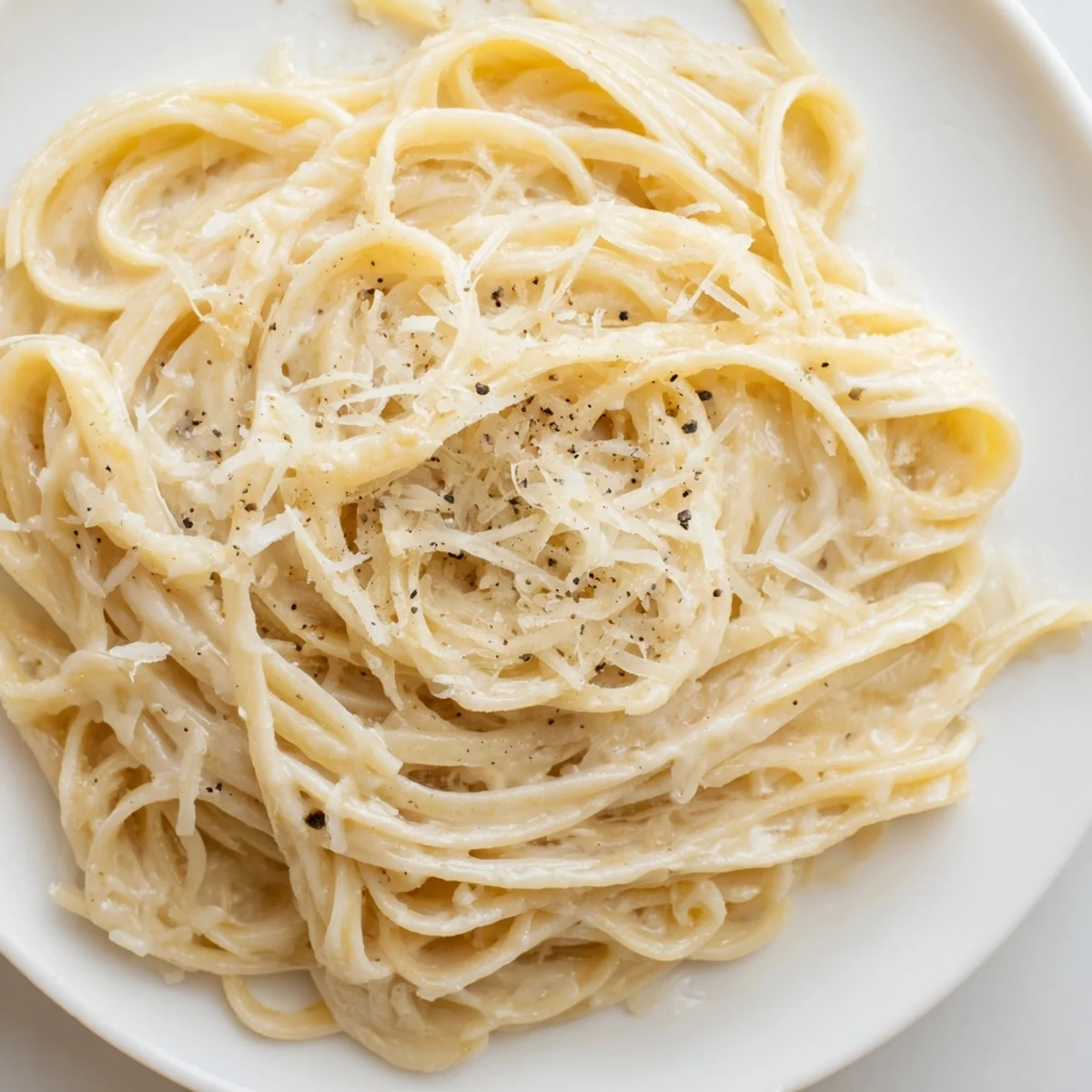 Simple and delicious: perfect serving of Lazy Girl Three-Ingredient Pasta showered with Parmesan cheese.
