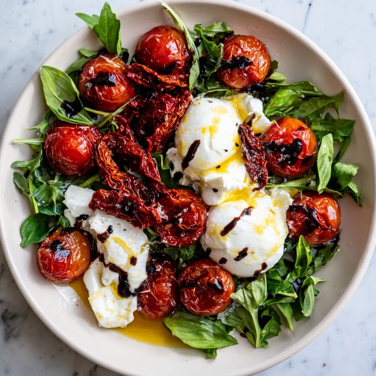 This Tomato Flight Salad features a colorful mix of tomatoes, creamy burrata, and peppery greens, perfect for lunch.