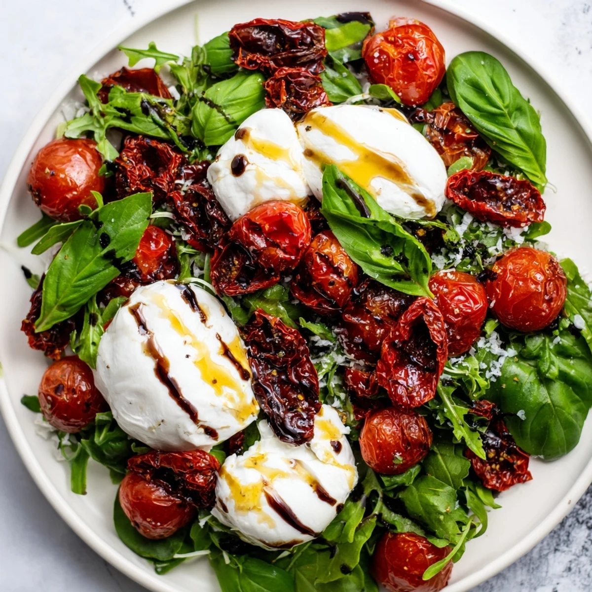 Enjoy this refreshing Tomato Flight Salad with juicy heirloom tomatoes, a balsamic glaze, and torn basil.