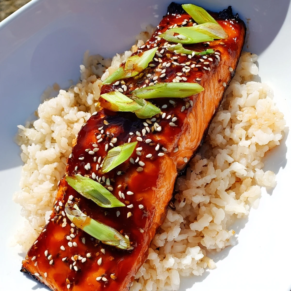 Juicy Sticky Orange Salmon, glistening on fluffy rice, topped with fresh green scallions for flavor.