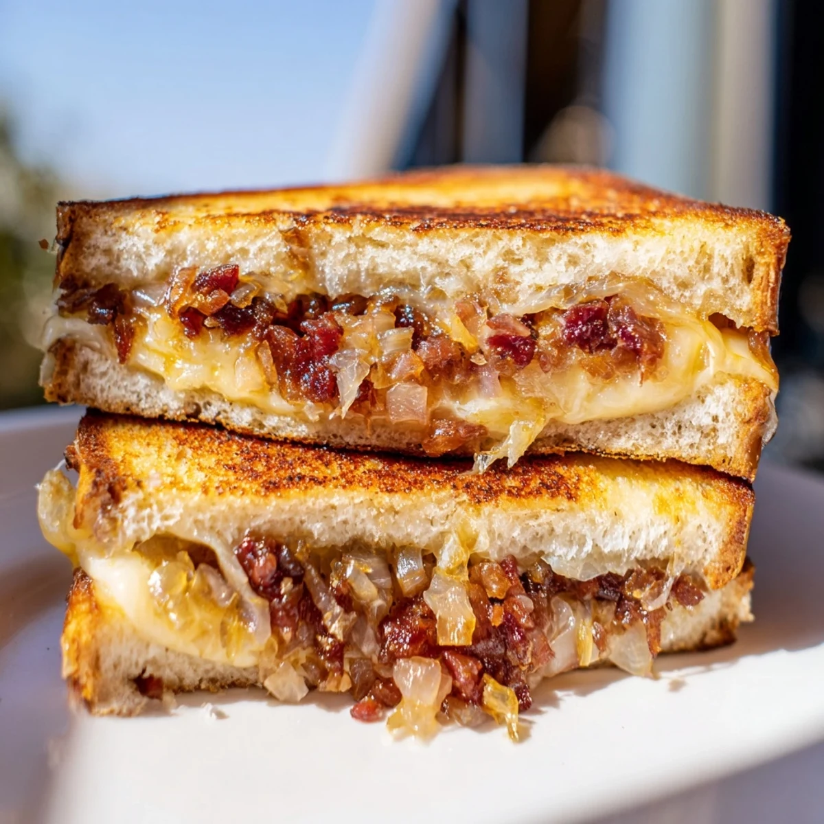 Golden, gooey Bacon Jam Grilled Cheese melting with sharp cheddar and Gruyère, ready to savor.