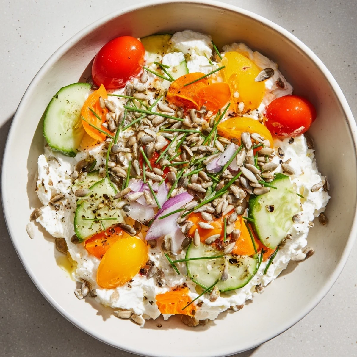 Creamy cottage cheese snack bowl with vibrant veggies and sunflower seeds, a high-protein treat.