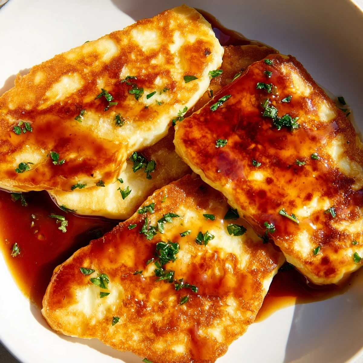 Close-up of perfectly fried Hot Honey Halloumi, glistening with a vibrant honey sauce.