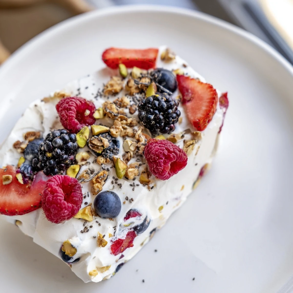 This close-up displays the delightful layers of refreshing Frozen Fruit Yogurt Bark perfect for a frozen dessert.