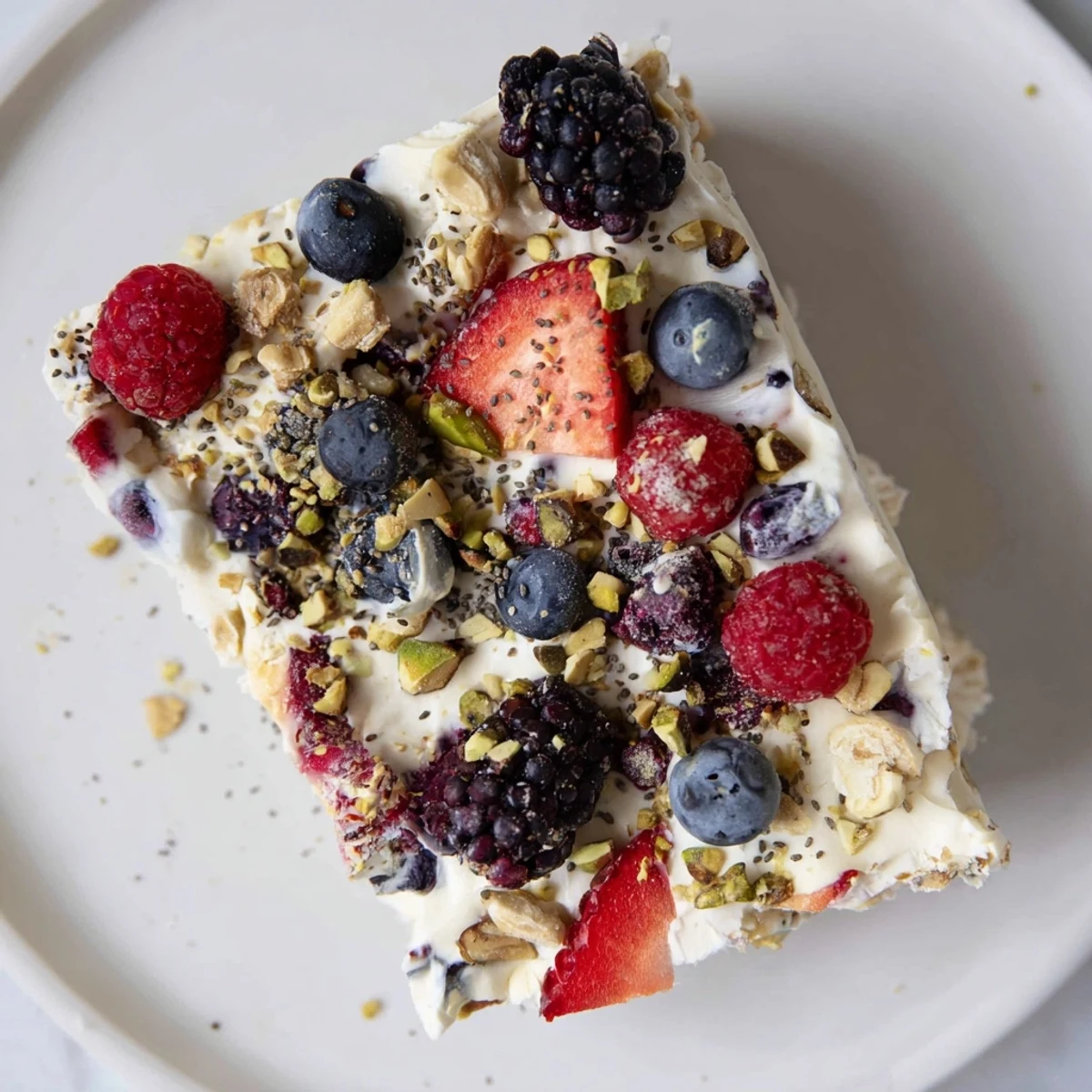A vibrant photo of Frozen Fruit Yogurt Bark, a berry-speckled, frozen summer treat.