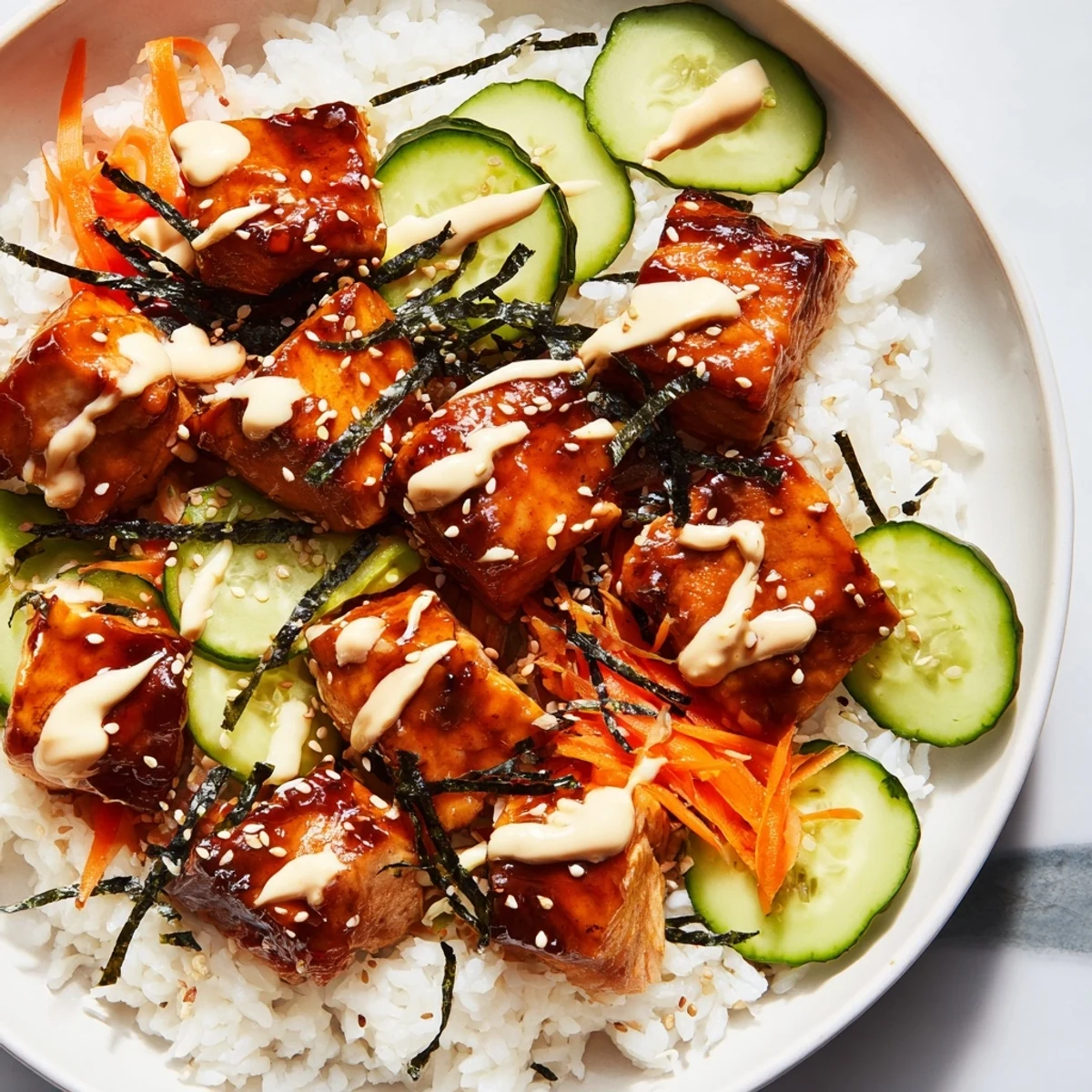 Tender teriyaki salmon rice bowl, beautifully plated with colorful vegetables and creamy sriracha mayo.
