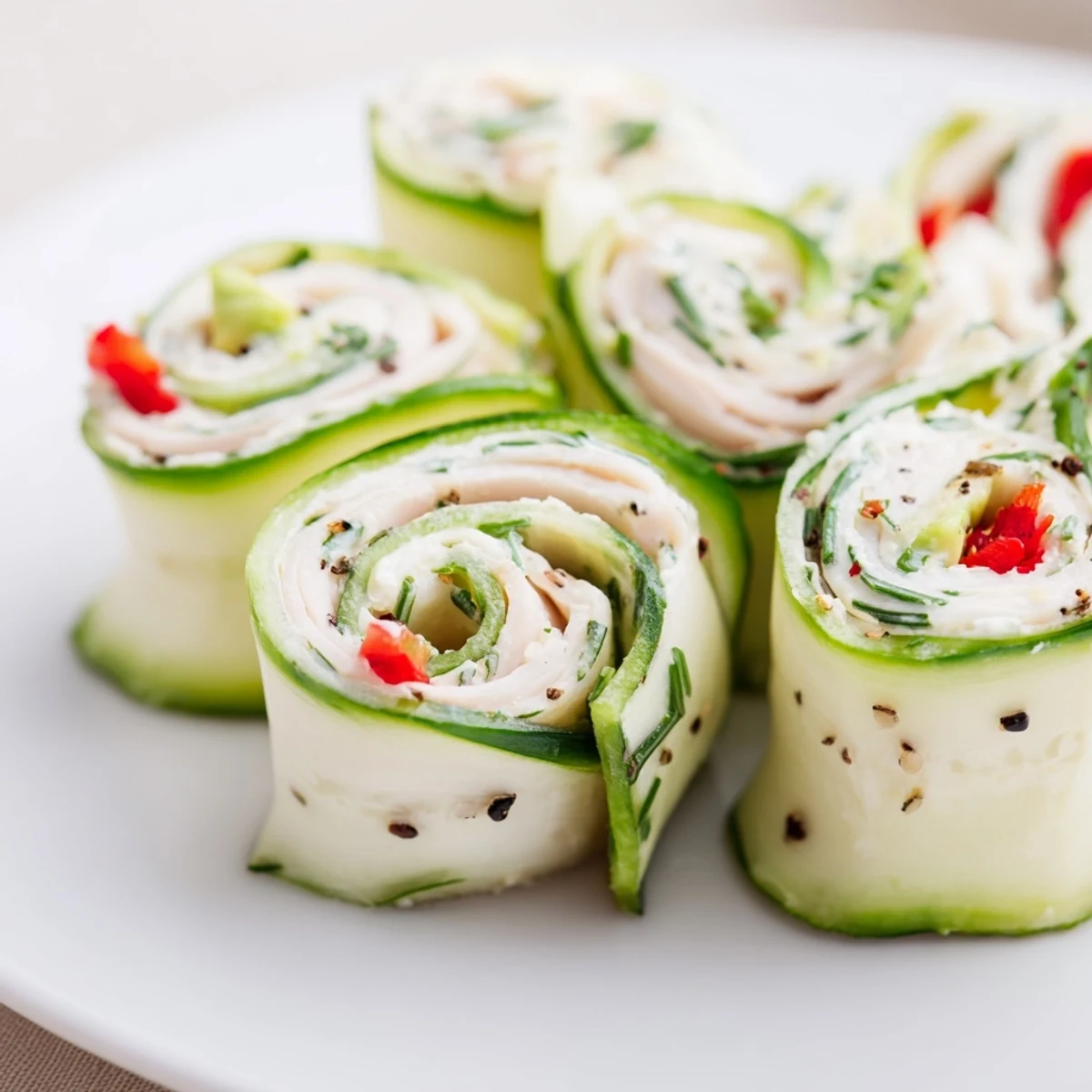 Freshly made cucumber roll-ups, showcasing thinly sliced cucumbers holding delightful deli fillings.
