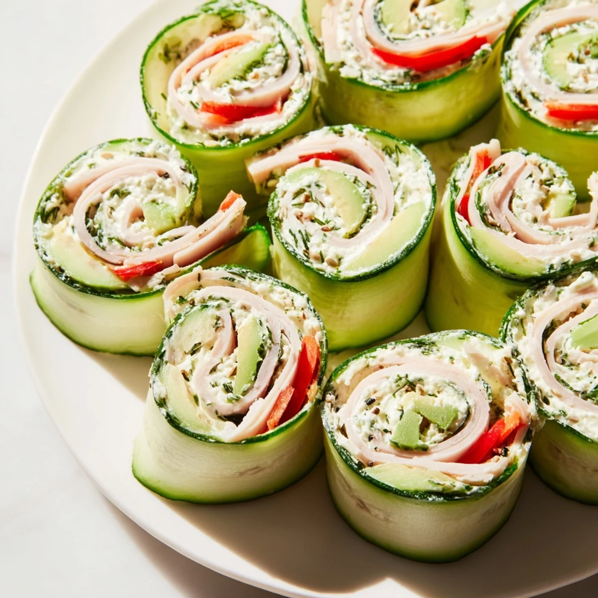 Vibrant photo of cucumber roll-ups on a platter, ready to be enjoyed as a low-carb snack.