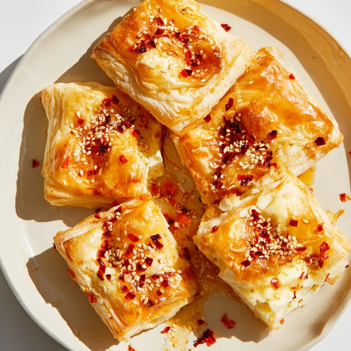 Baked puff pastry holding creamy Brie, beautifully topped with honey and tantalizing chili crisp, the perfect bite.