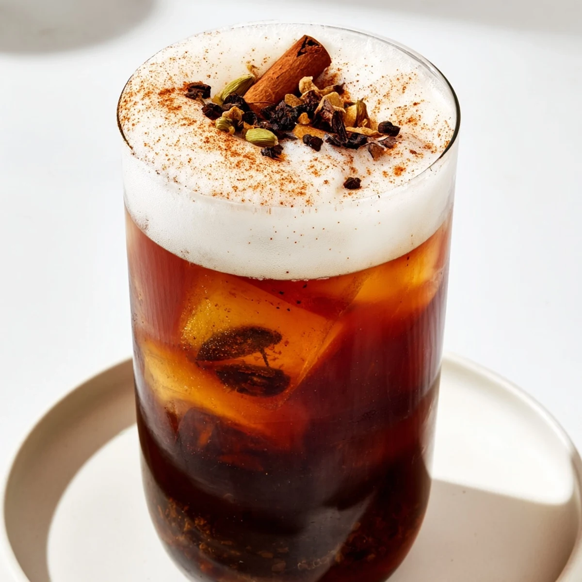 Homemade iced chai brimming in a tall glass, garnished with a dusting of cinnamon, looks delicious.