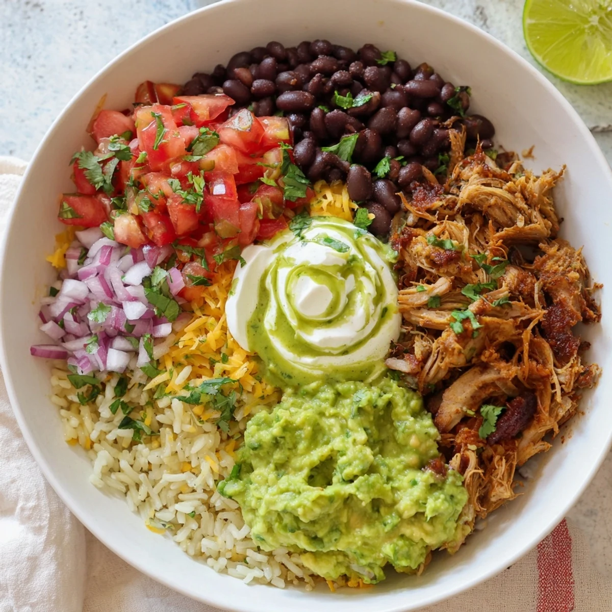 Imagine this Chipotle Burrito Bowl copycat: a layered meal of carnitas, beans, and fresh guacamole visually.