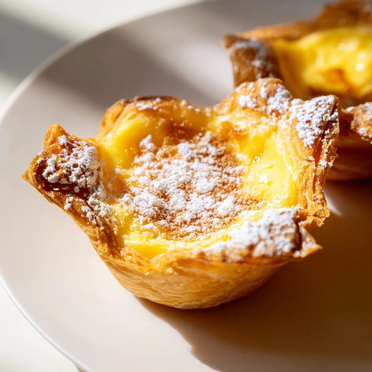 A close-up of freshly baked Portuguese egg tarts, showcasing the flaky crust and smooth, set custard filling.