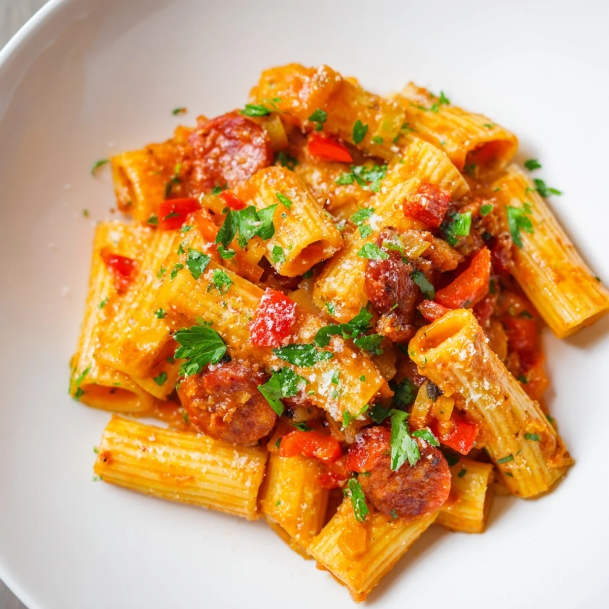 A warm bowl of Spanish chorizo pasta: flavorful tomato sauce over perfectly cooked pasta.