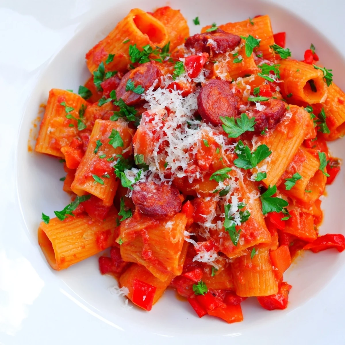 Golden penne pasta with spicy Spanish chorizo, garnished with parsley for the perfect bite.