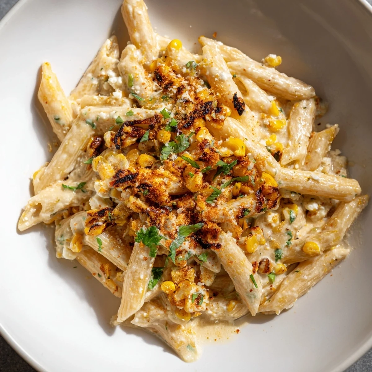 Creamy Mexican Street Corn Pasta, with vibrant corn, cheese, and a zesty lime dressing, ready to enjoy.