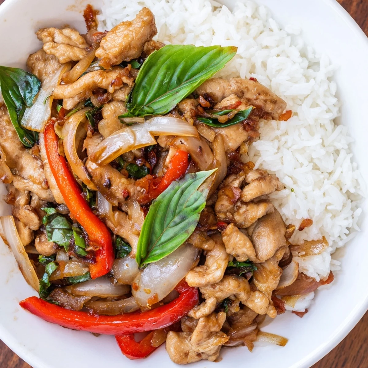 Aromatic Thai Basil Chicken Bowls with tender chicken and fluffy rice, ready to eat.