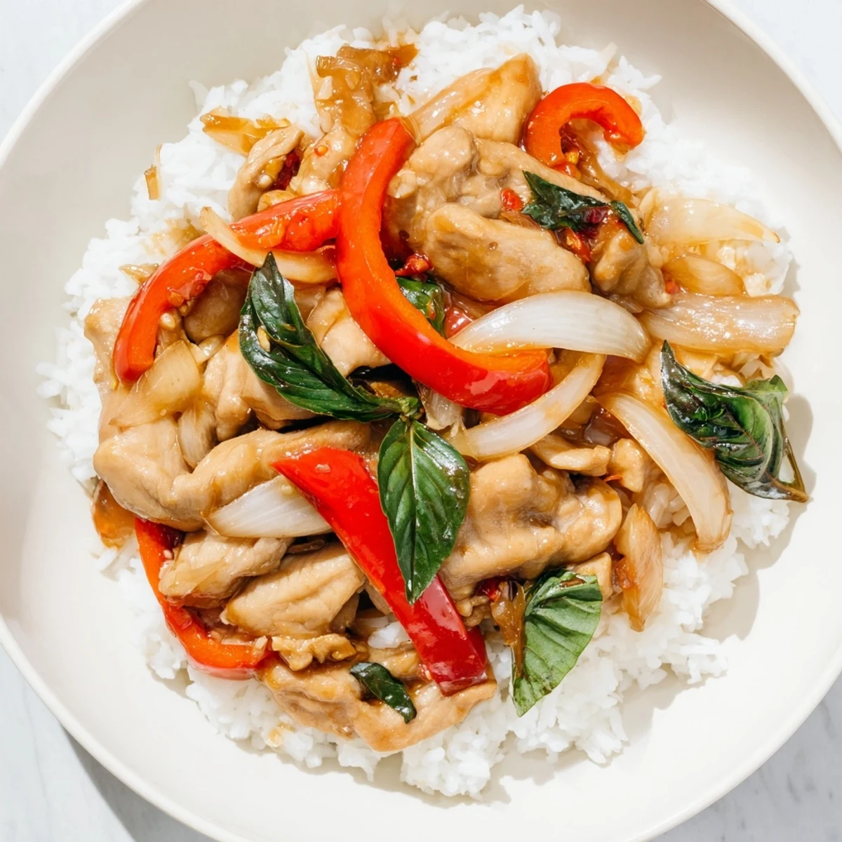 Close-up of savory Thai Basil Chicken Bowls; chicken and basil coated in a delicious sauce.